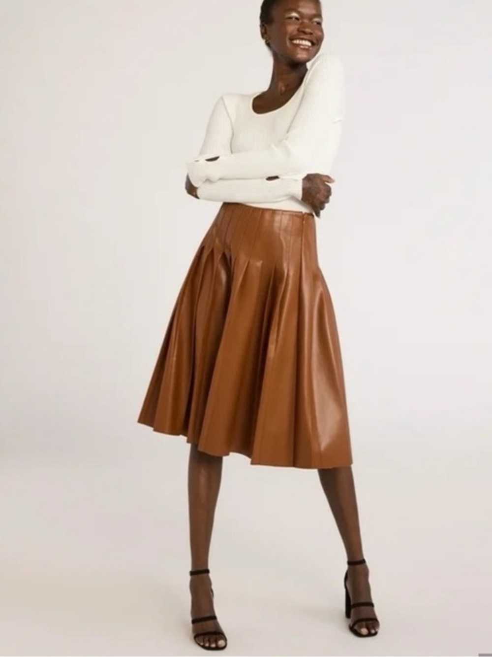 A-Line Faux Leather Midi Skirt - Brown